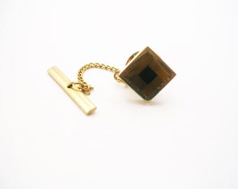 Tie Tack genuine Tiger Eye Gemstone vintage Necktie Pin with Chain Formal Wear