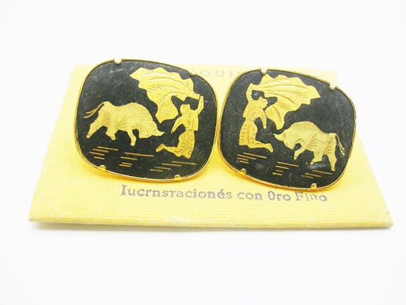 Vintage 24k gold plate Cufflinks Damascene Toledo… - image 1