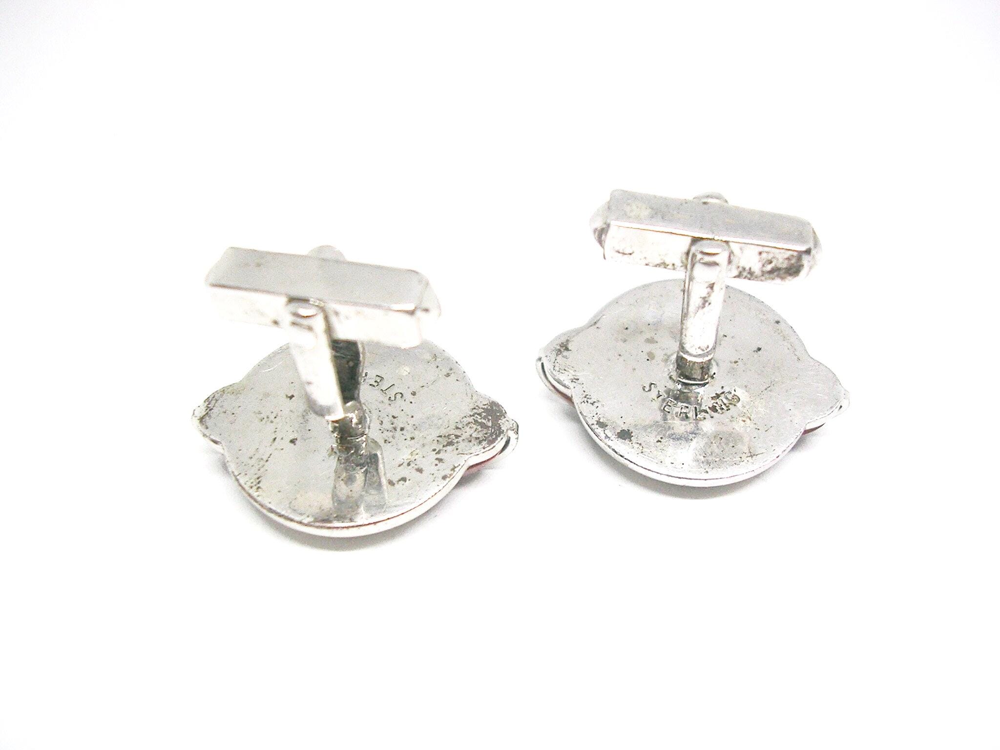 Boutons De Manchettes Anciens En Argent Et œil De Tigre - Occasion, Accessoire Vintage