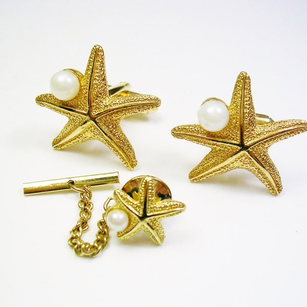 Dante Cufflinks Tie Tack Set Sea Star inlaid cultured Pearl Men's Jewelry, Formal Wear  Cuff Links with matching Tie Pin Man Wedding Jewelry