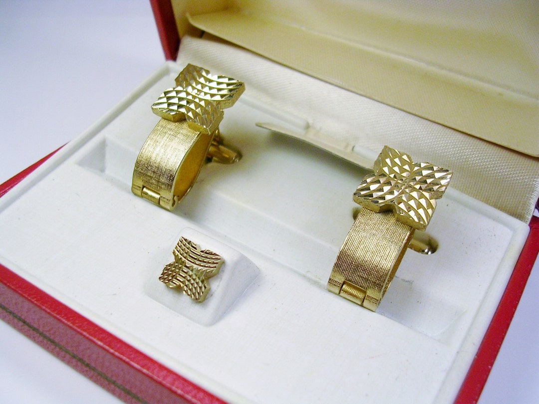 Vintage DANTE Cufflinks Tie Tack Set Diamond Cut Cuff Links With