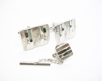 Vintage Silver Tone Cufflinks Tie Tack Set: Classic Wedding Jewelry