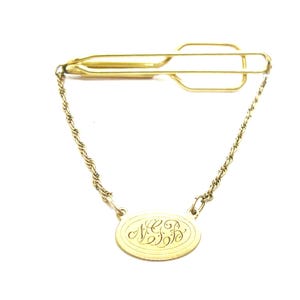 Vintage Tie Chain with Guard hand engraved cursive Initials NGB gold filled Campus Tie Clip with Chain