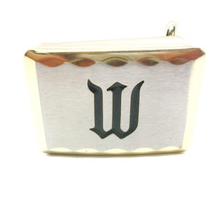 Vintage Belt Buckle Initial Monogram W old English Letter by HICKOK USA ZN Alloy gold and silver tone black enamel