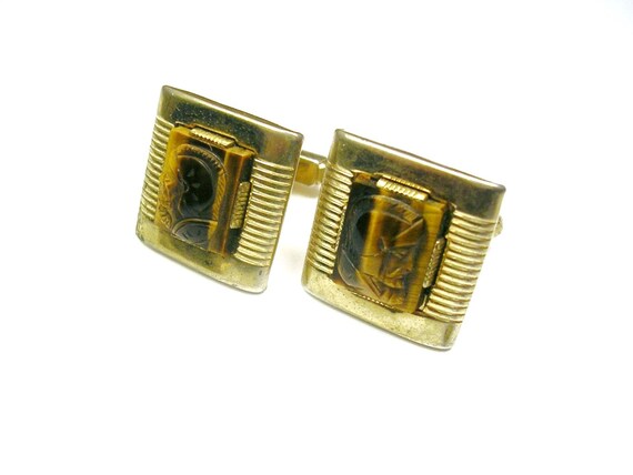 Boutons De Manchette Vintage Swank - Œil De Tigre Gladiateur - Gold Filled - Occasion