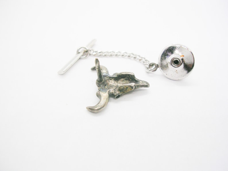 Vintage Cow Skull Tie Tack with chain Sterling Silver Tie Pin Necktie Accessory Man Wedding Jewelry Formal Wear Southwestern Cowboy