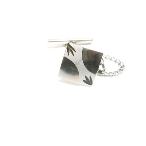Silver Tie Tack Square hand etched vintage Tie Pin with chain