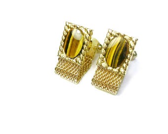 カフリンクス メッシュラップ象嵌 本物のタイガーアイストーン