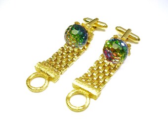 Vintage Dante Cuff Links: Austrian Crystal, Mesh Wrap, Formal Jewelry