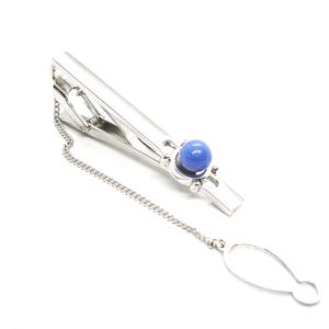 Vintage Tie Clip with Chain: Blue Marble Front, Marked SILVER