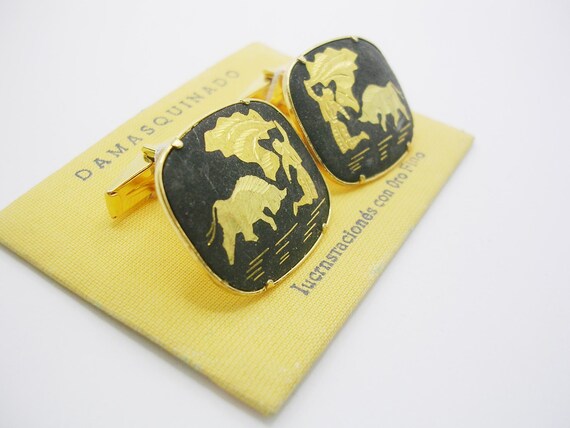 Vintage 24k gold plate Cufflinks Damascene Toledo… - image 2