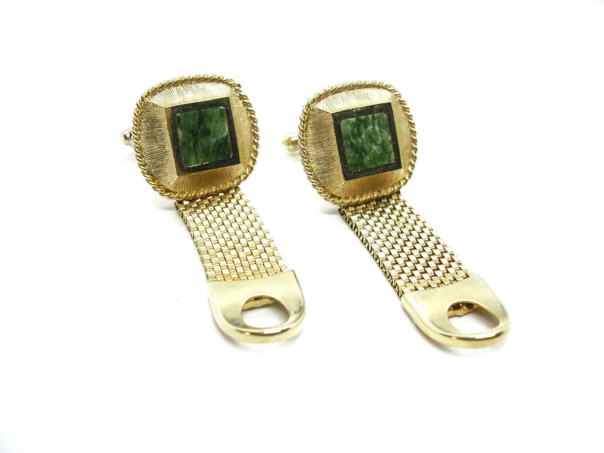 Boutons De Manchette & Stick Cravate Vintage - Maille Dorée Avec Vrai Jade (occasion)