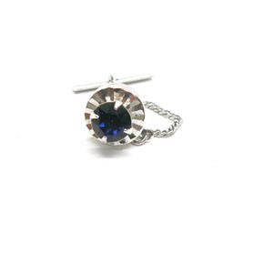Vintage SWANK Tie Tack: Blue Rhinestone Silver Tone Wedding Jewelry