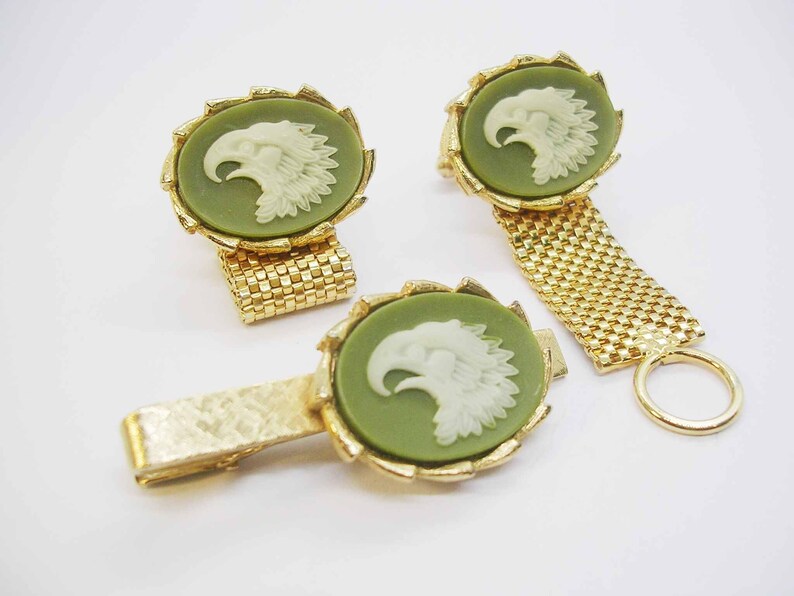 Vintage Cufflinks Tie Bar Set Mesh Wrap Cameo Eagle Head Men's Formal