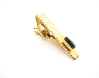 Vintage Tie Clip Clasp gold tone Necktie Holder black Rhinestone