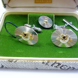 Sterling Silver Cuff Links Tie Tack Set vintage Freemason Scimitar Shriners Masonic Cufflinks with matching Tie Pin Formal Wear