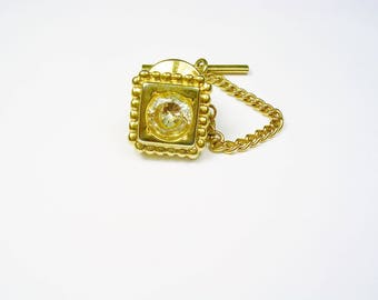 Vintage Designer Tie Tack clear Rhinestone gold plate Tie Pin with chain  Formal Wear Necktie Jewelry Men Wedding Gift