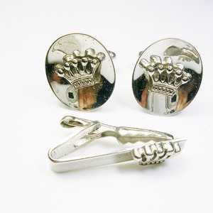 Cufflinks Tie Clip Set Crown Cuff Links with matching Tie Bar Mid Century Men Jewelry Formal Wear Wedding Groom Gift Black Tie Event