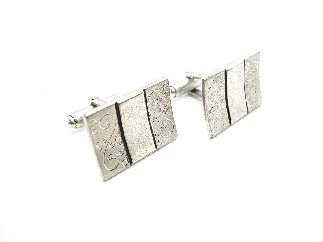 Boutons De Manchette Anson Vintage - Finition Silver Tone Avec Rayure Noire - Occasion