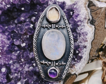 Priestess Sterling Silver Statement Ring with Rainbow Moonstone, Citrine, & Amethyst size 8 1/2 hammered texture band