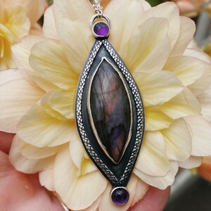 Purple Labradorite and Amethyst Goddess Sterling Silver Snake Skin Statement Pendant on a 16 inch silver chain crescent moon Art nouveau