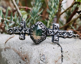 Old Stones Cuff with Faceted Moss Agate, silver casted crosses, braided twisted wire handmade sterling silver Cemetery cuff