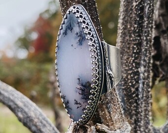 Dendritic Opal Oak Imagery Sterling silver statement ring with casted branches and brass leaves size 10 1/2