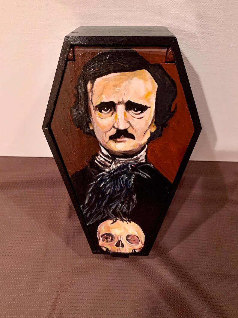 Edgar Allan Poe Hand Painted JewelryTrinket Box Acrylic Paint on Wood 11\u201d Tall x 7\u201d Wide x 3 Deep