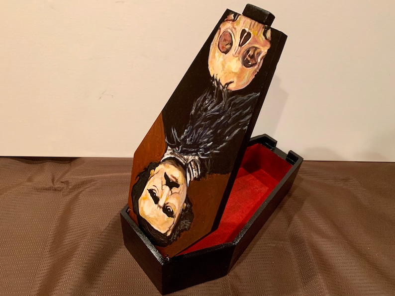 Edgar Allan Poe Hand Painted JewelryTrinket Box Acrylic Paint on Wood 11\u201d Tall x 7\u201d Wide x 3 Deep