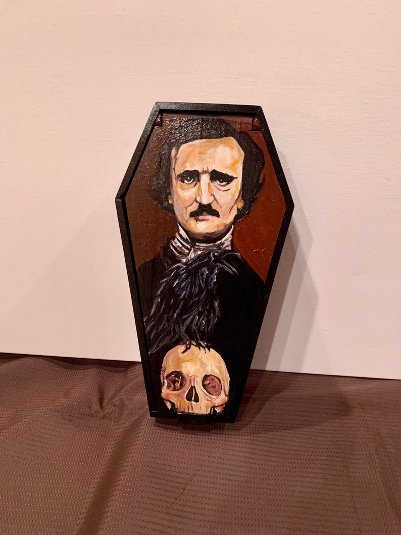 Edgar Allan Poe Hand Painted JewelryTrinket Box Acrylic Paint on Wood 11\u201d Tall x 7\u201d Wide x 3 Deep