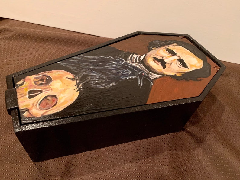 Edgar Allan Poe Hand Painted JewelryTrinket Box Acrylic Paint on Wood 11\u201d Tall x 7\u201d Wide x 3 Deep