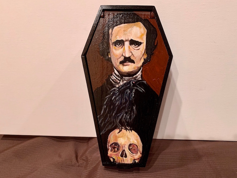 Edgar Allan Poe Hand Painted JewelryTrinket Box Acrylic Paint on Wood 11\u201d Tall x 7\u201d Wide x 3 Deep
