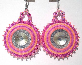 NEON VIBES hand embroidered beaded earrings - acrylic gem inlay with bead embroidery surround.