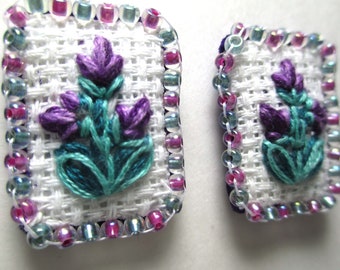 PURPLE TULIPS hand embroidered flower earrings with beaded edging