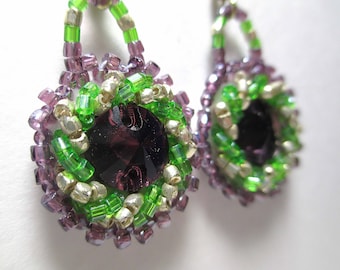 PURPLE SPRING NESTS beaded earrings, amethyst crystal inlay with raised beadwork surround