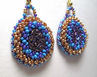 WINE SHIMMER hand embroidered earrings - faux geode inlay with raised beadwork surround.