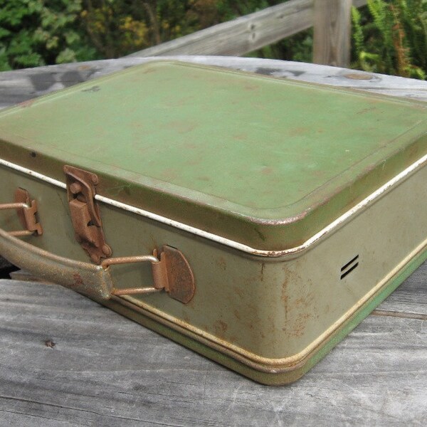 vintage metal lunch box green storage tin