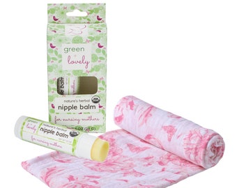 Swaddle Set /// Nature's Herbal Nipple Balm + Muslin Receiving Blanket, Nursing Cover, Newborn Gift, Baby Shower Gift, New Mom Gift, For Her