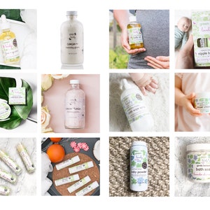 May include: A selection of Green Lovely baby and skincare products. Items include belly oil, diaper cream, baby powder, bath soak, nipple balm, and lip balms. Products are in clear bottles and jars with green and white labels.