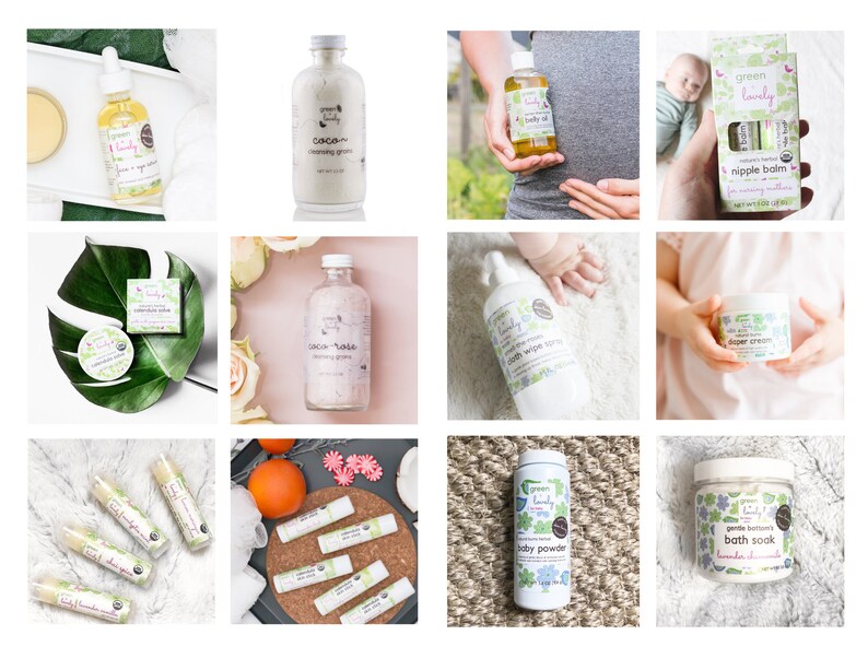 May include: A selection of Green Lovely baby and skincare products. Items include belly oil, diaper cream, baby powder, bath soak, nipple balm, and lip balms. Products are in clear bottles and jars with green and white labels.