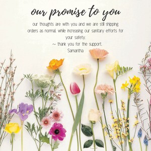 May include: A floral arrangement featuring a variety of colorful flowers, including orange poppies, pink carnations, and yellow daffodils, against a white background. The text "our promise to you" is at the top, with a message of support and thanks.