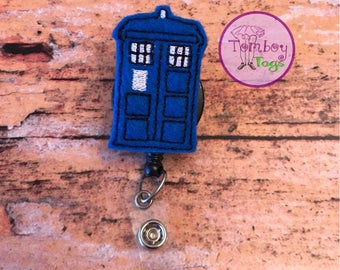 Police box inspired pin or badge reel ID holder