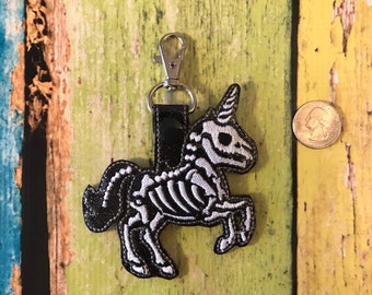 Skeleton unicorn key chain, bag tag, zipper pull