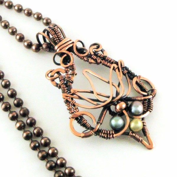 Wire Wrapped Sculpted Water Lily Pendant Antiqued Copper