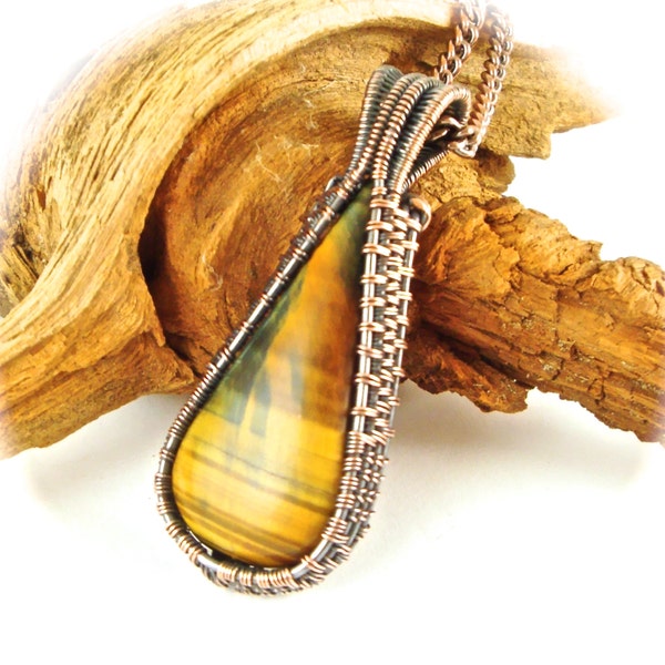 Wire Wrapped Woven Tiger Eye Pendant Antiqued Copper