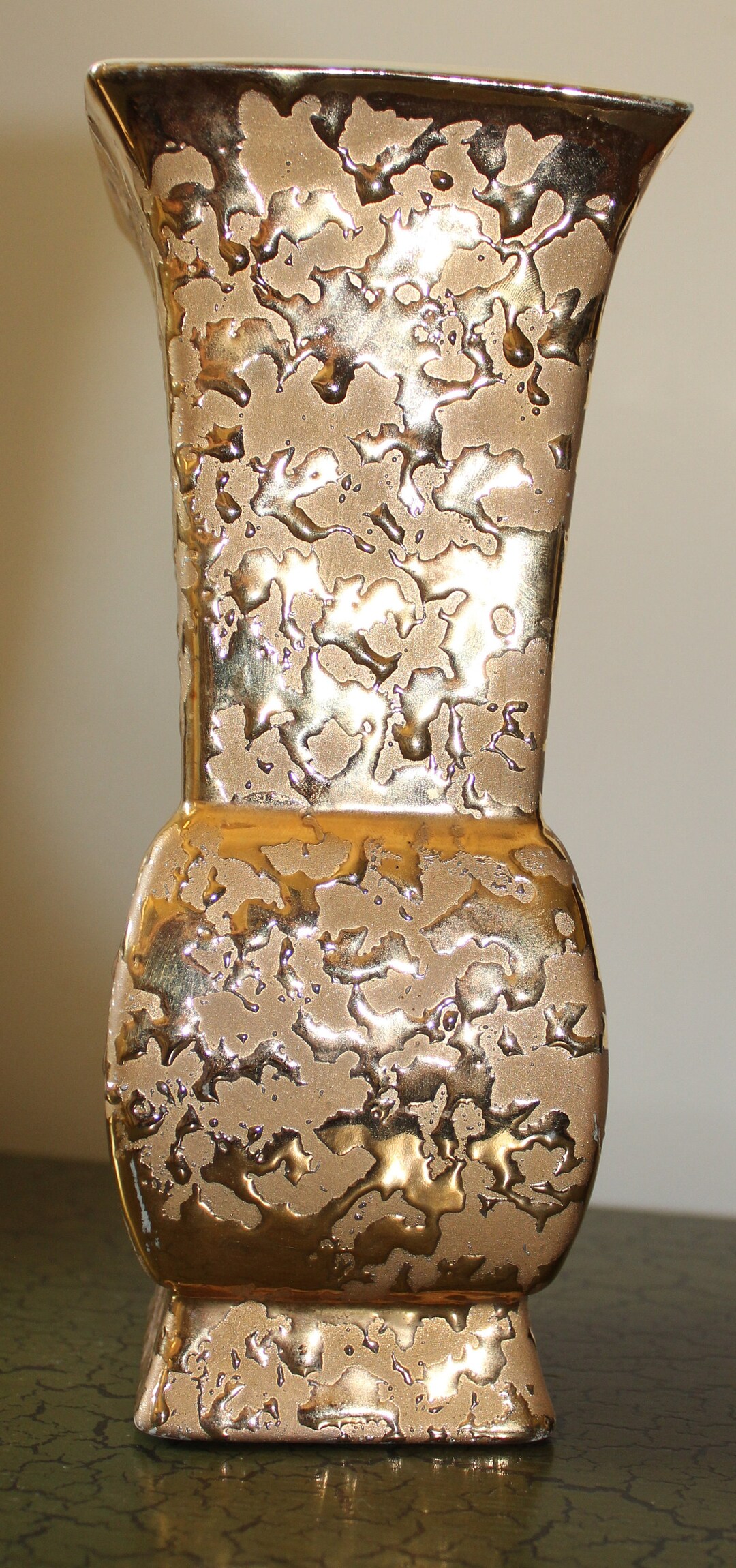 Vintage Weeping Gold 9 Inch Pottery Vase, 24kt Gold, Made in USA