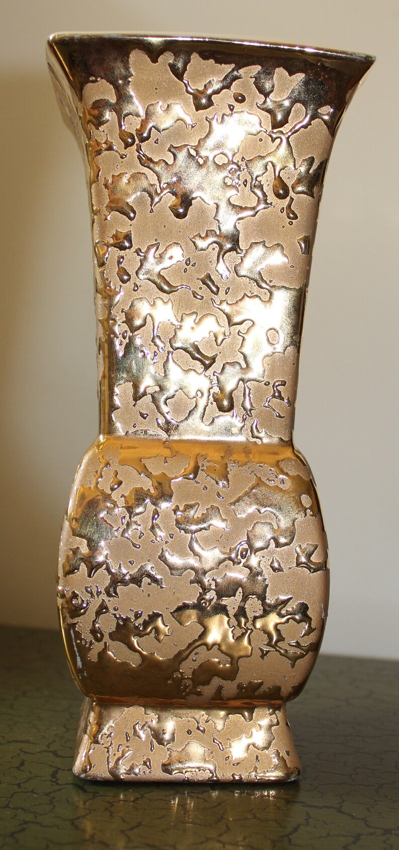 Vintage Weeping Gold 9 Inch Pottery Vase, 24kt Gold, Made in USA