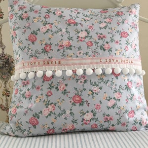 French Country Pillow Cover, Shabby Chic Pillow Cover, Paris Ribbon Pillow Cover, Blue Pillow , Pink Pillow,  Paris Apartment Pillow Cover,
