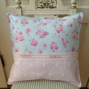 French Country Pillow Shabby Chic Paris Apartment Sham, Decorative Pillow, Accent Pillow, Pink Rose Pillow, Blue and Pink Rose Pillow, Shams