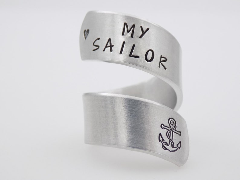 Navy wife girlfriend gift, I Love my sailor Military Navy Mother, handstamped silver adjustable twist ring anchor image 9